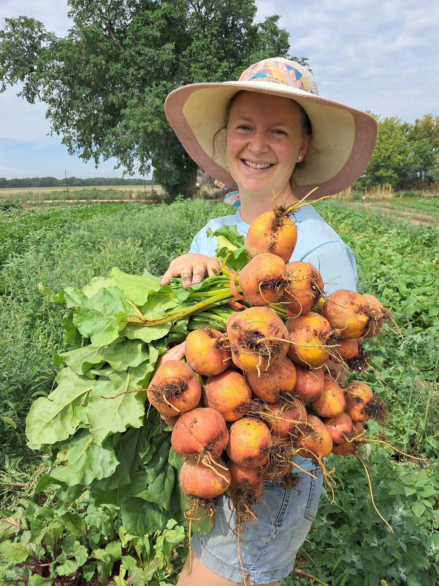 7500459480324183284 Smiling woman in a sun hat holding a large bunch of freshly harvested beets with green leaves in a lush farm field under a blue sky.